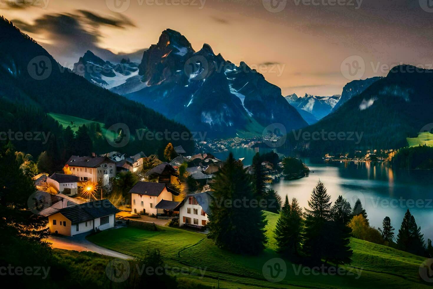 a village in the mountains at dusk with a lake and mountains. AI-Generated photo
