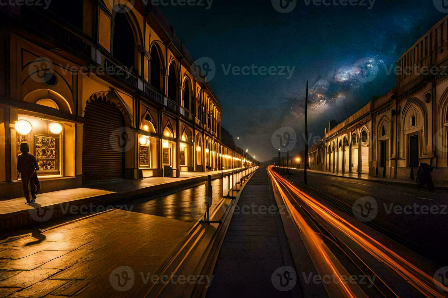 un largo exposición foto de un ciudad calle a noche. generado por ai