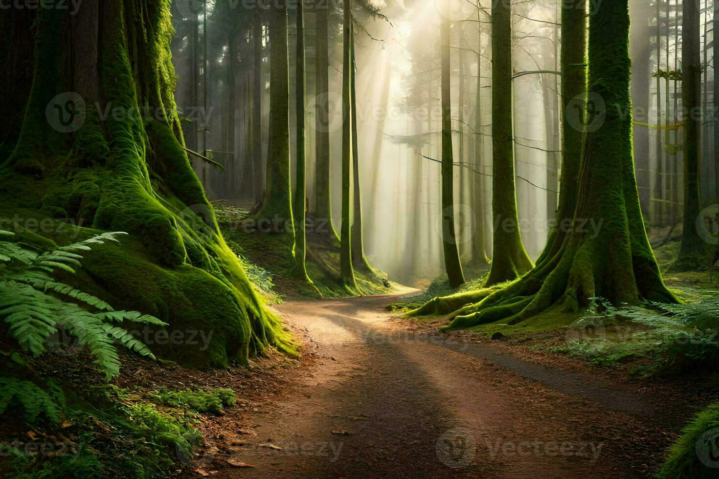a dirt path through a forest with trees and moss. AI-Generated photo