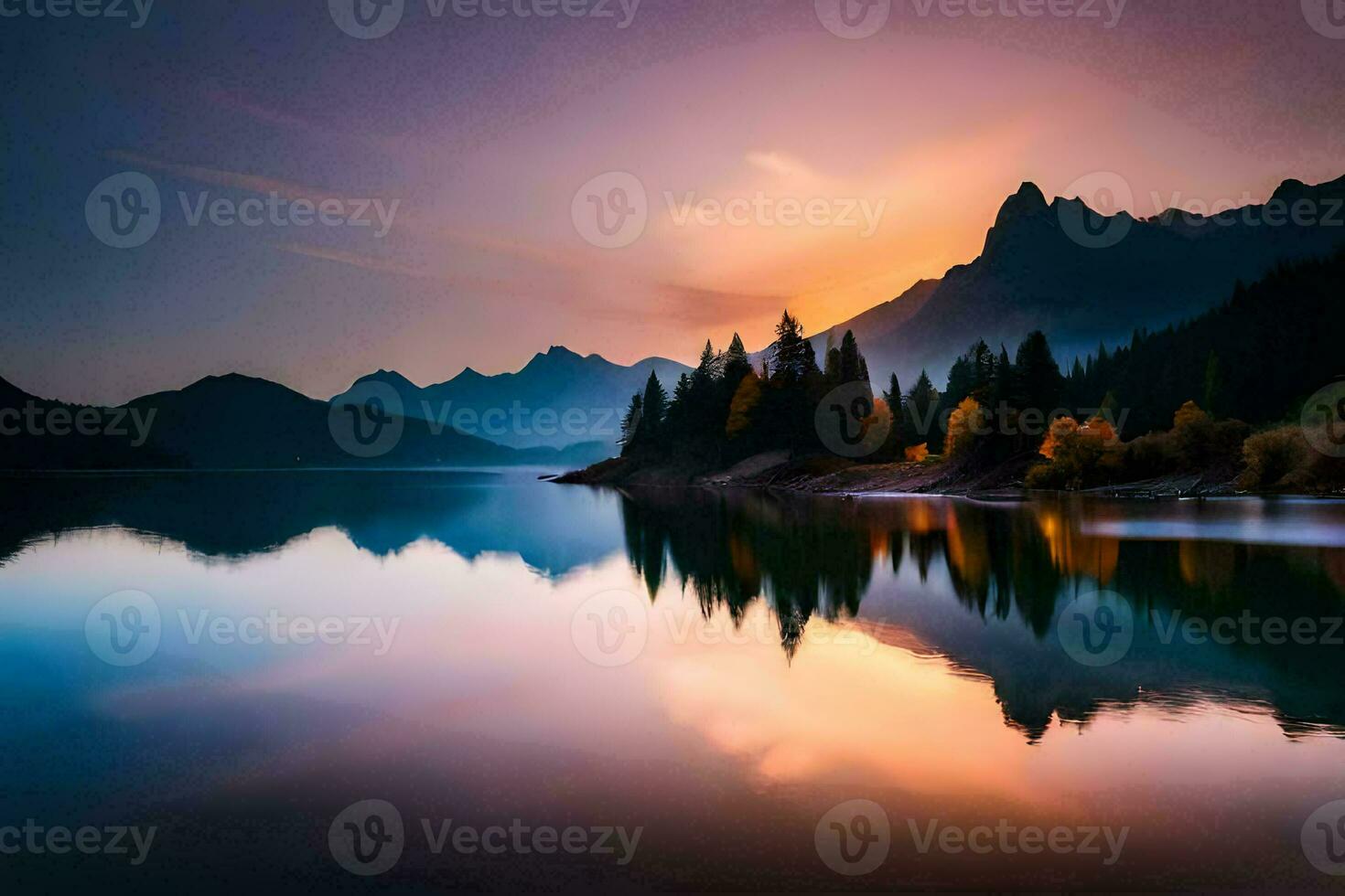 un hermosa puesta de sol terminado un lago con montañas en el antecedentes. generado por ai foto