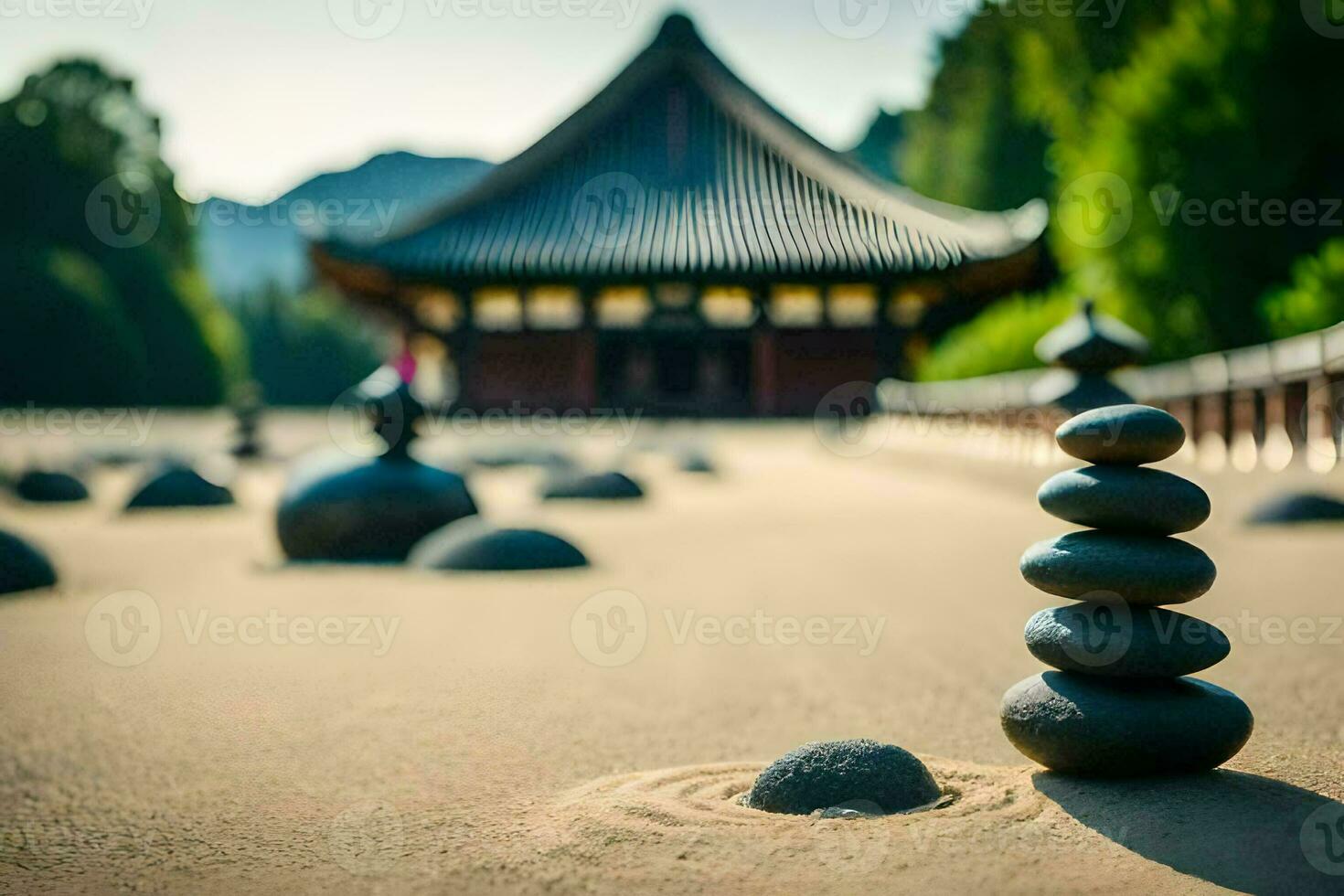 a pile of rocks in front of a pagoda. AI-Generated photo