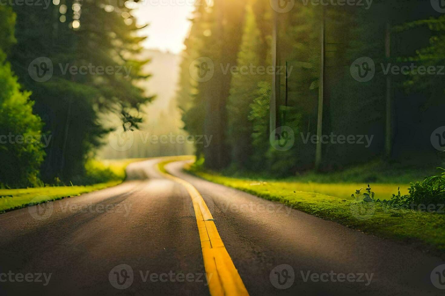 a road in the woods with trees and sun. AI-Generated photo