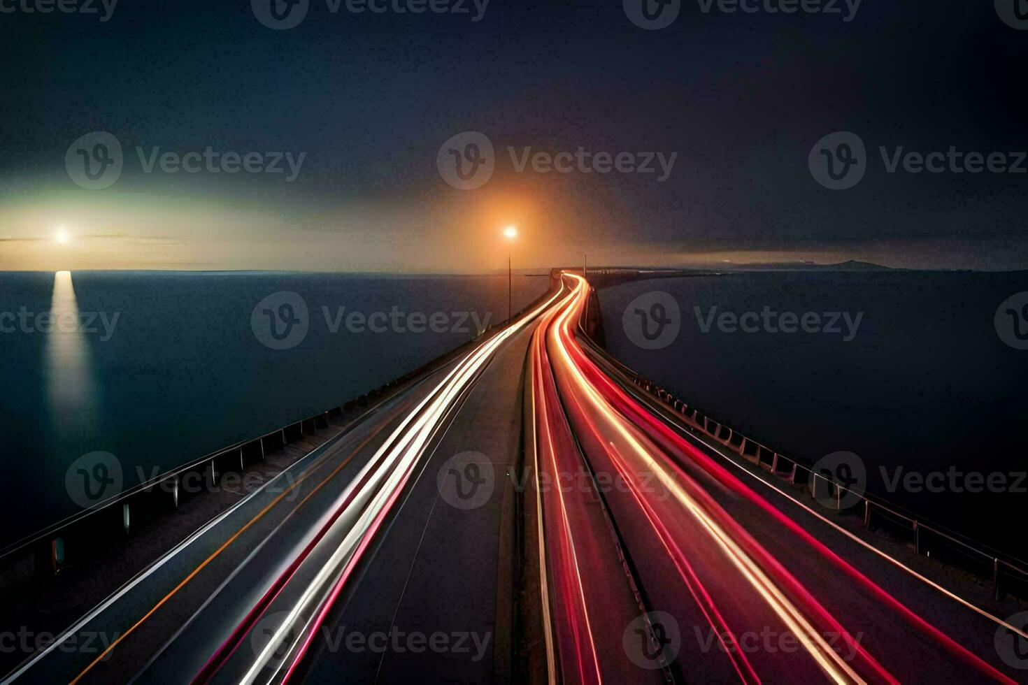 a long exposure photo of a bridge with cars driving on it. AI-Generated