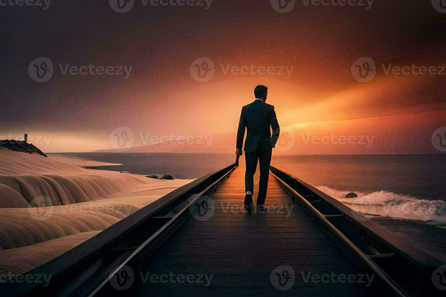 a man in a suit walks along a wooden bridge over the ocean. AI-Generated photo