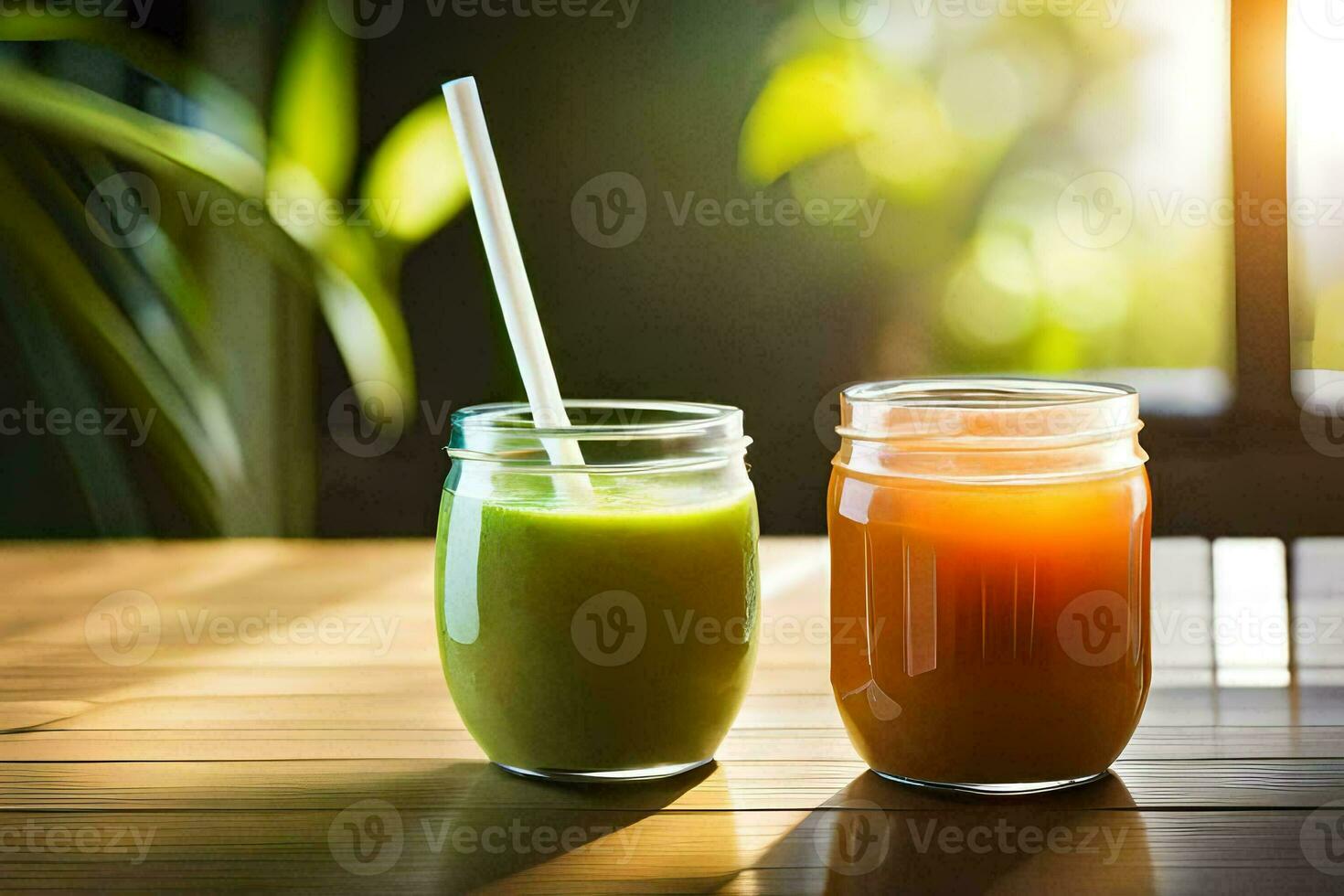 two mason jars with juice and straws on a wooden table. AI-Generated photo