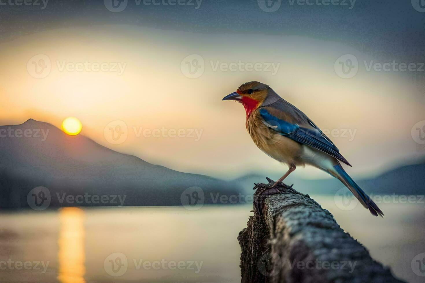 a bird sitting on a wooden post at sunset. AI-Generated photo