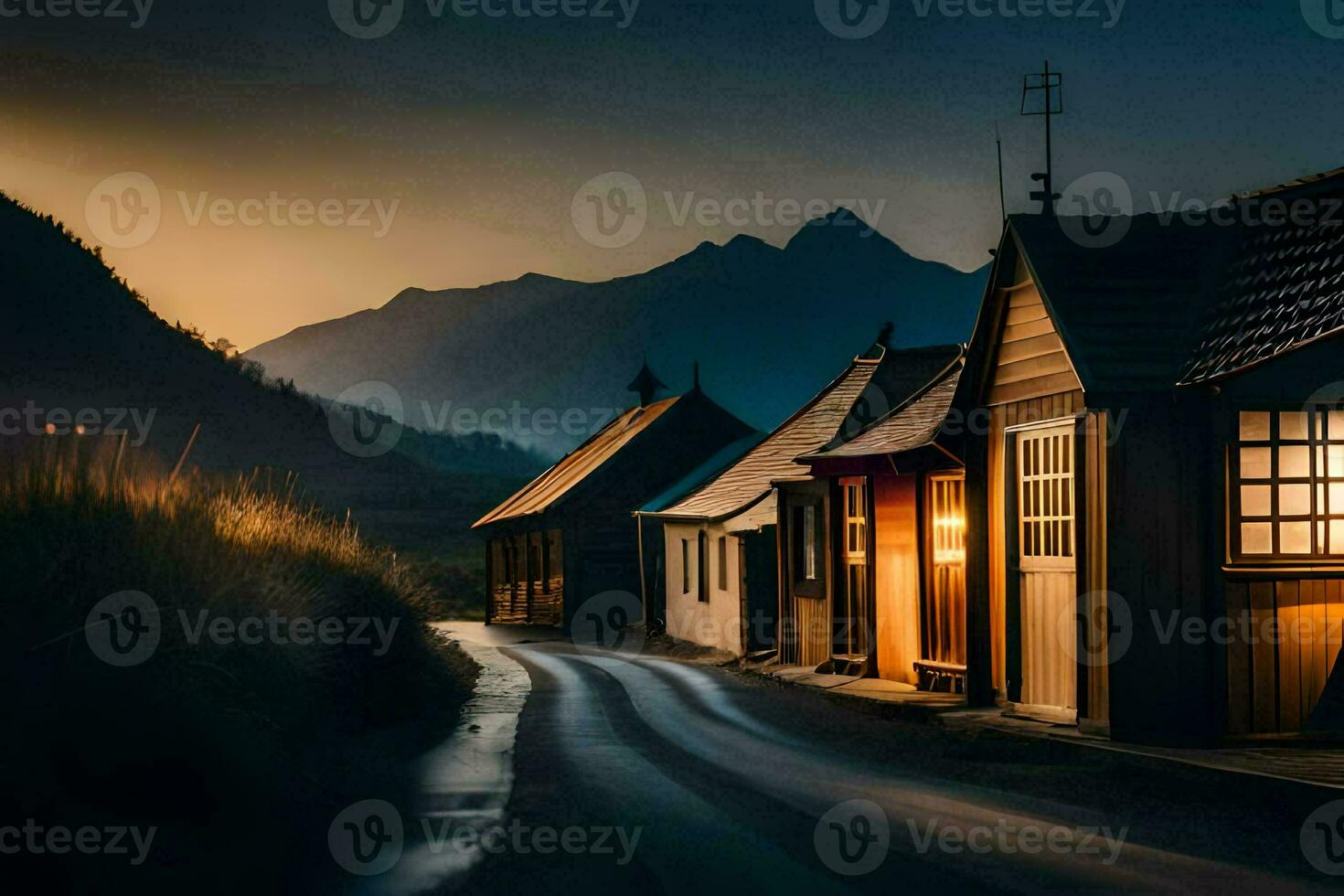a road in the mountains with houses and mountains in the background. AI-Generated photo