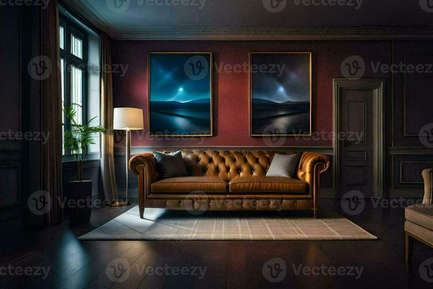 a living room with a couch and two paintings. AI-Generated photo