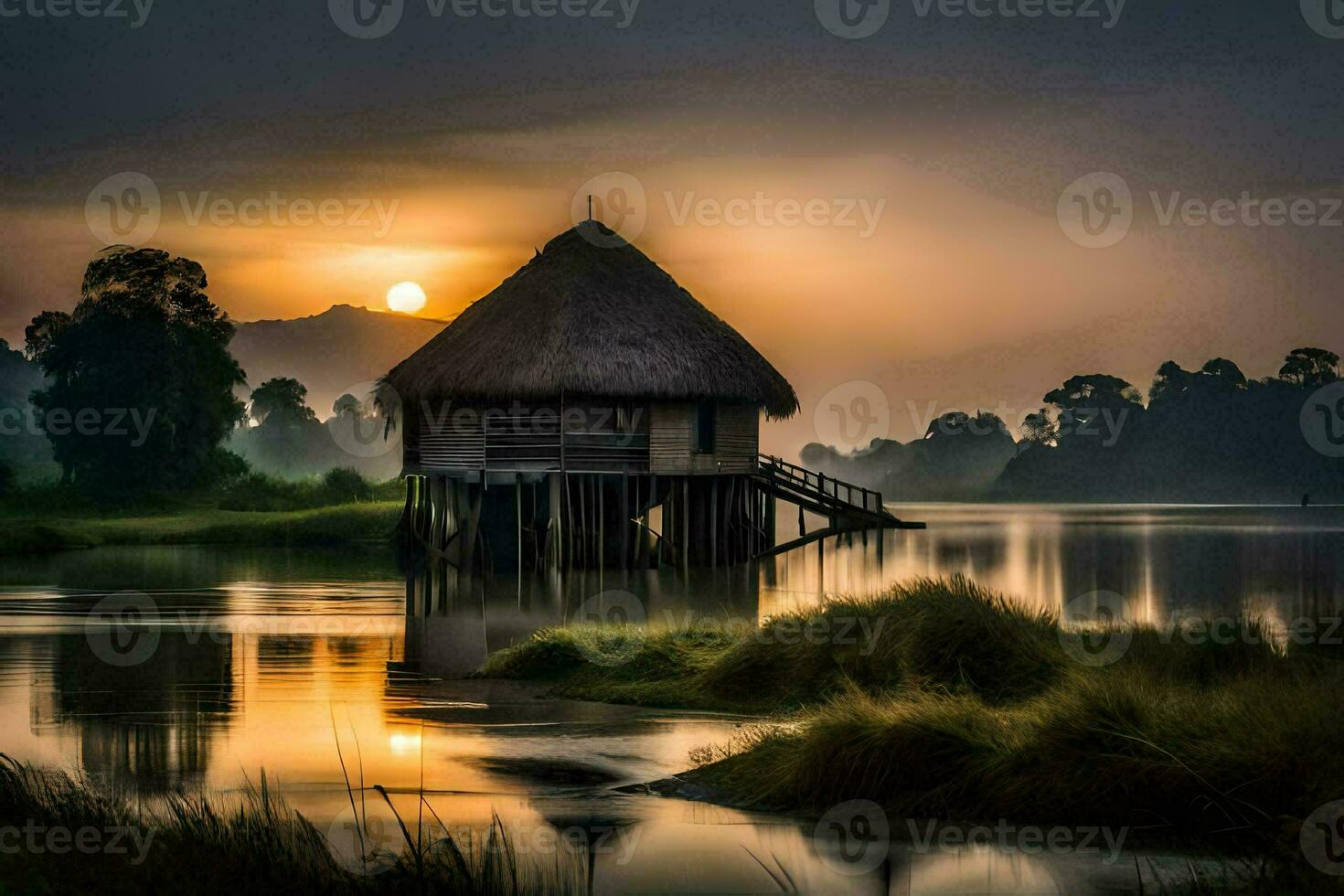 un choza se sienta en el apuntalar de un lago a puesta de sol. generado por ai foto