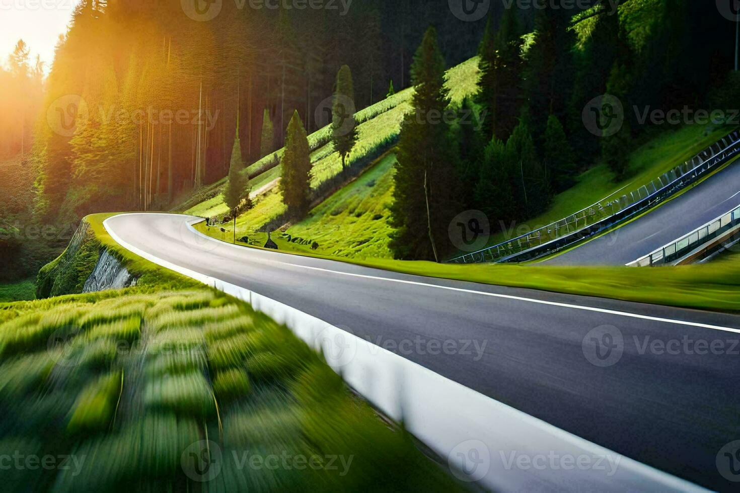 un devanado la carretera en el montañas con arboles y césped. generado por ai foto