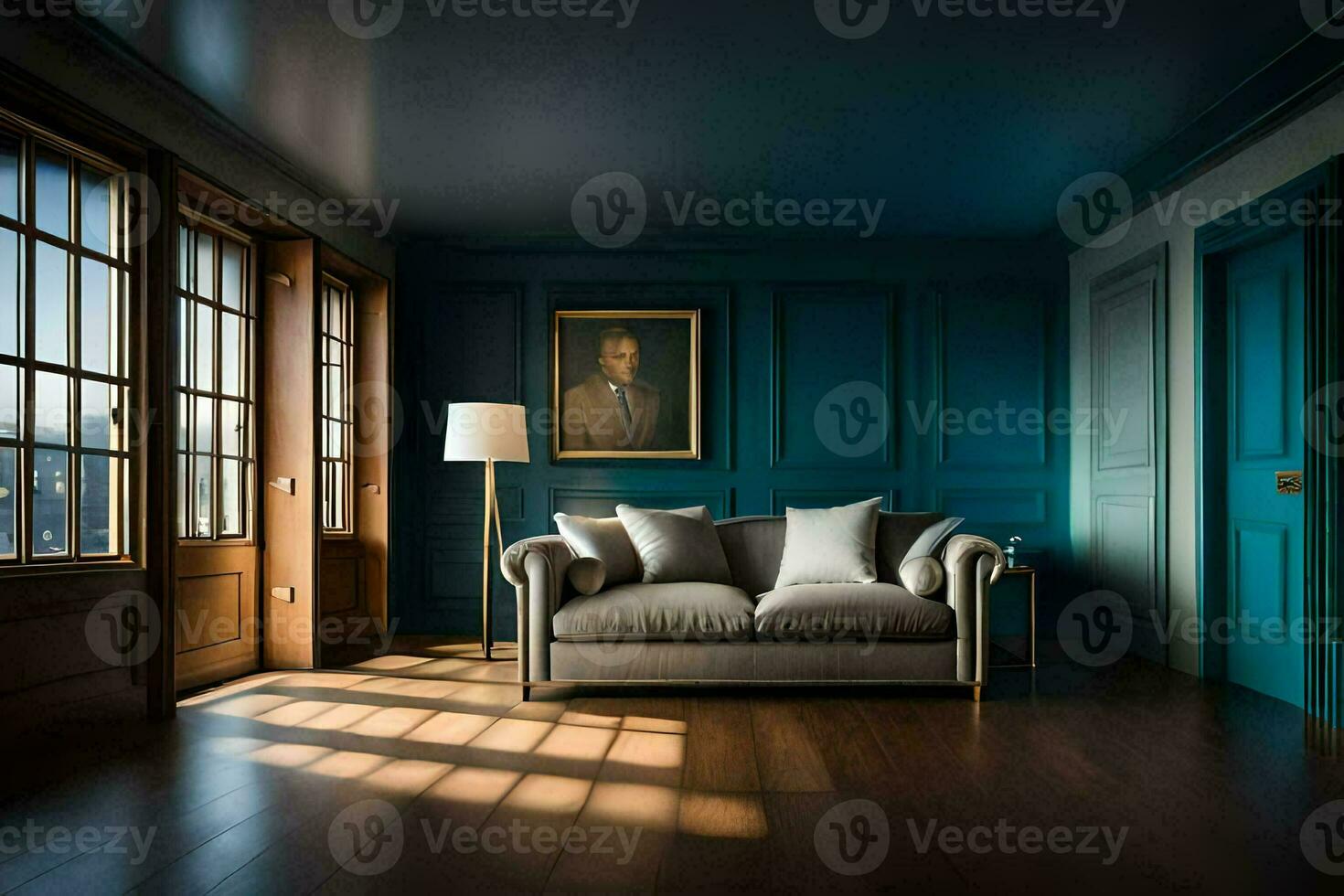 a living room with blue walls and wood floors. AI-Generated photo