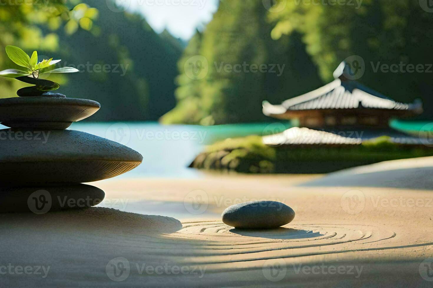 zen garden with stones and water in the background. AI-Generated photo