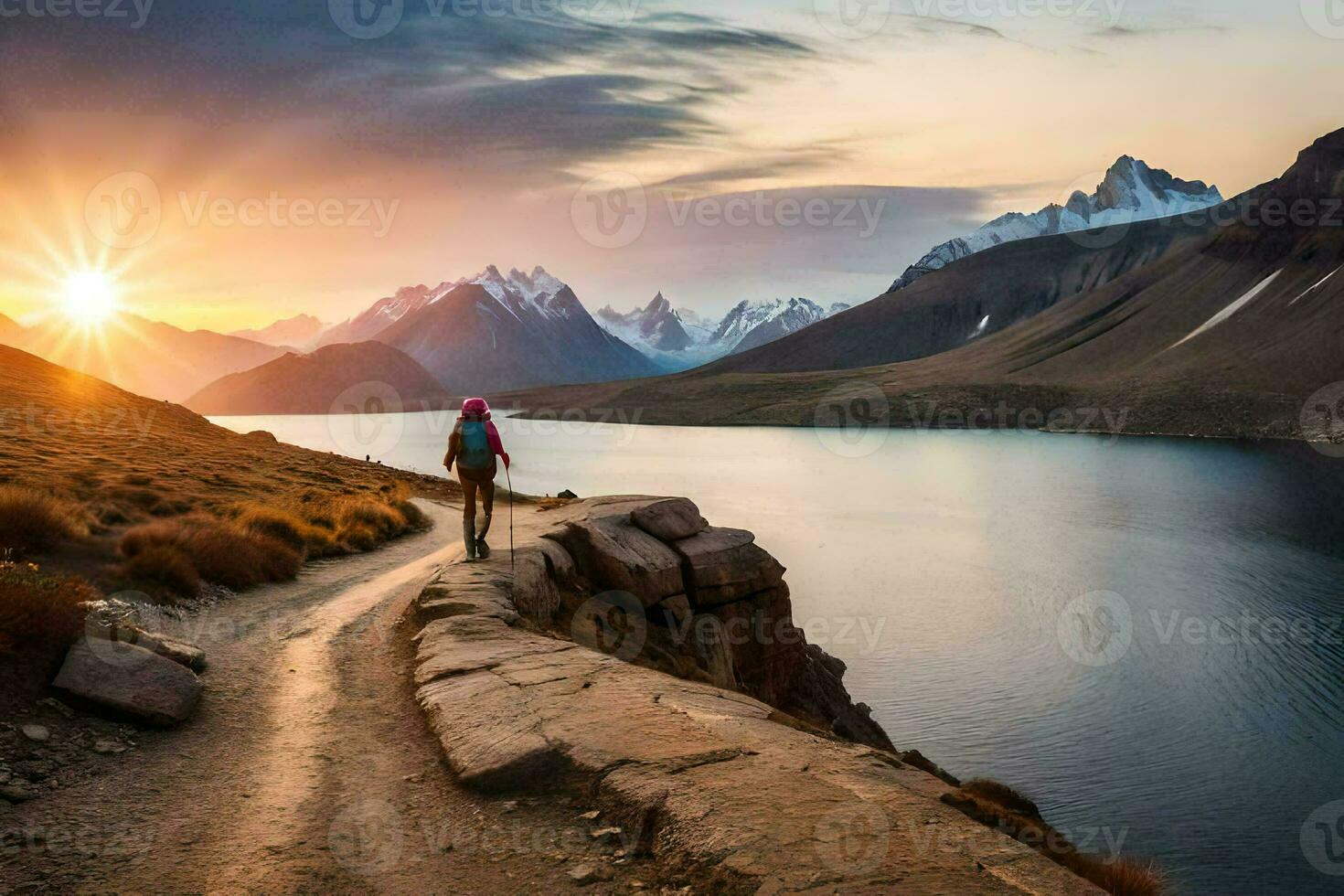 a man walks on the path to the lake at sunset. AI-Generated photo