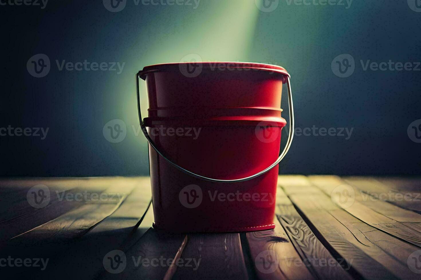 a red bucket on a wooden floor. AI-Generated photo