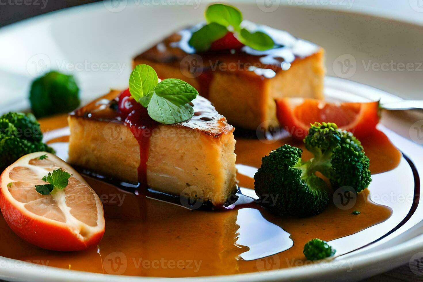 a plate with food on it, including broccoli and tofu. AI-Generated photo