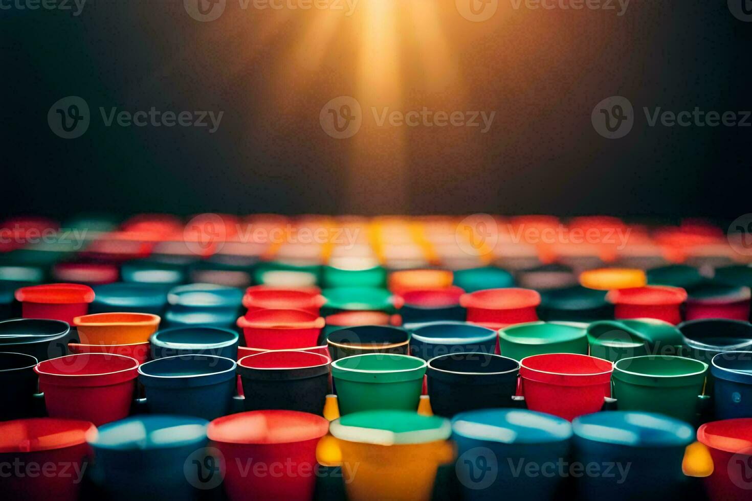 many colorful plastic cups are arranged in a row. AI-Generated photo