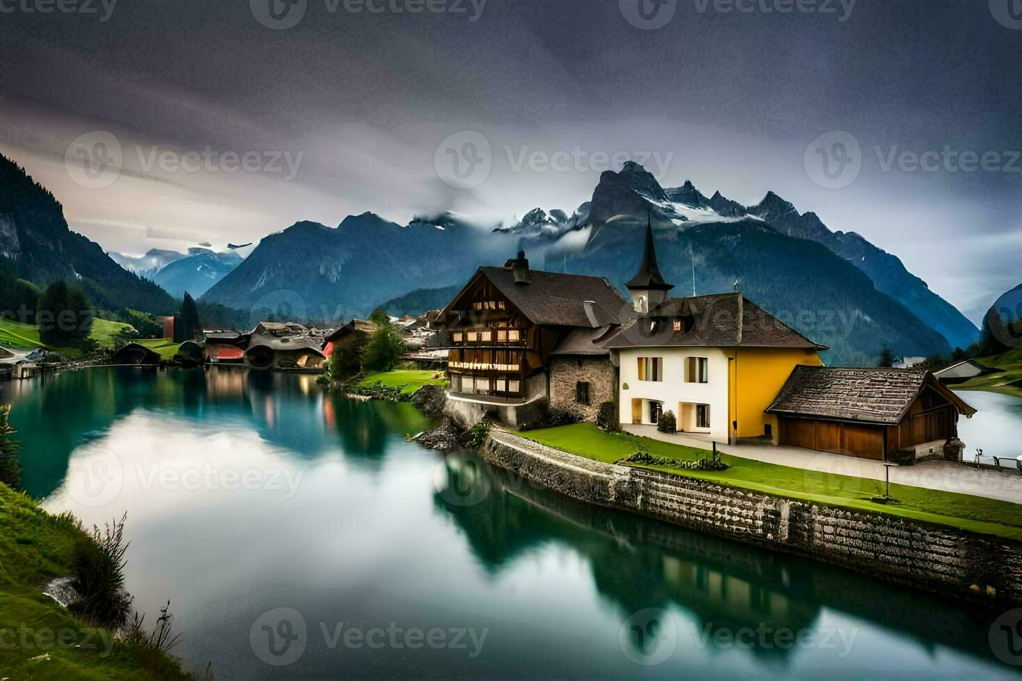 a lake and a mountain village in the swiss alps. AI-Generated photo