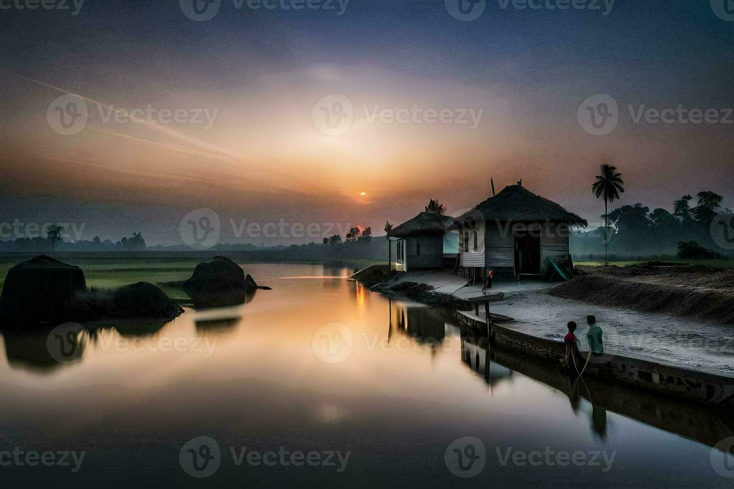 a man and a woman are standing on the shore of a river at sunset. AI-Generated photo