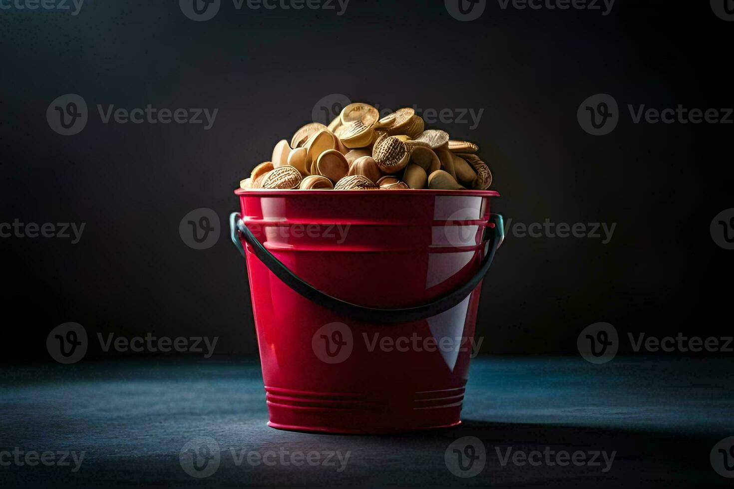a red bucket filled with peanuts on a dark background. AI-Generated photo