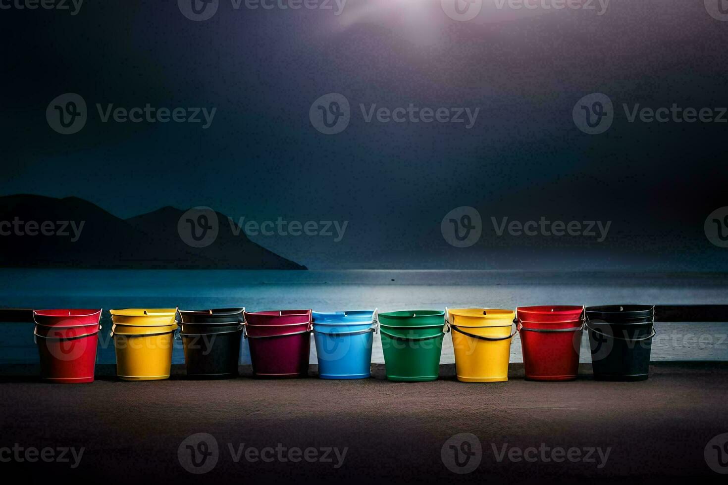 a row of colorful buckets on the beach. AI-Generated photo