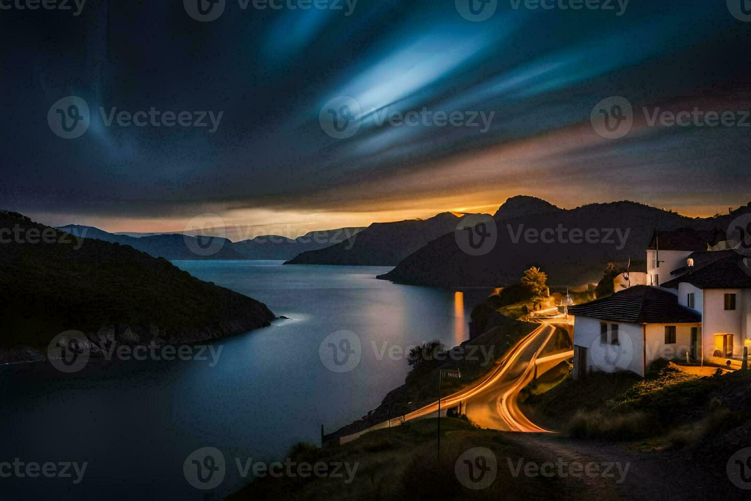 un la carretera líder a un lago a noche. generado por ai foto