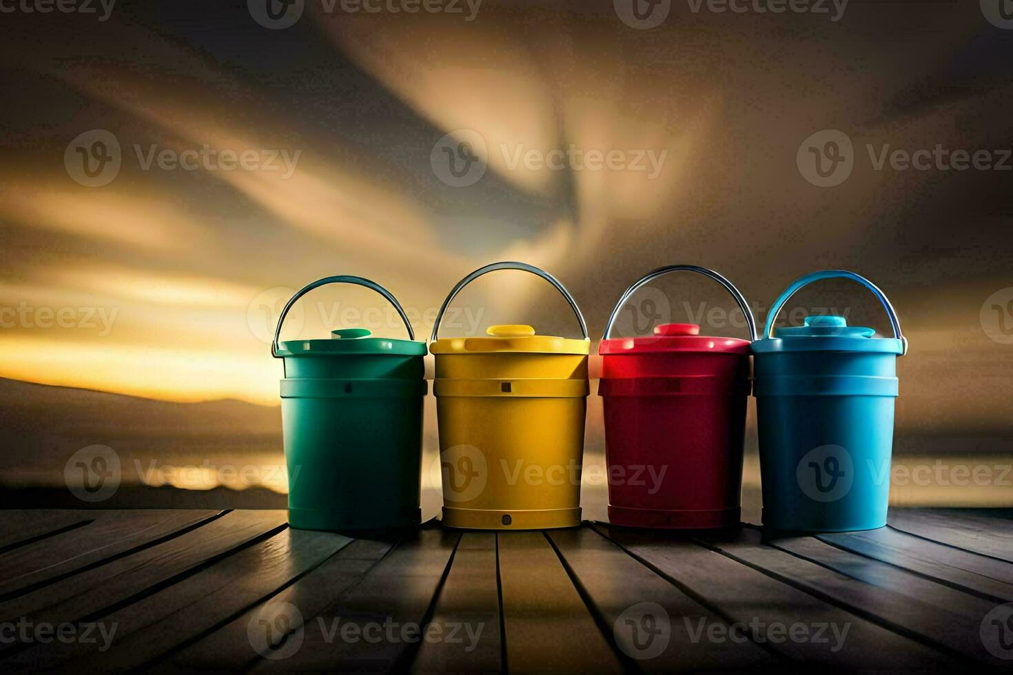 four colorful trash cans on a wooden deck. AI-Generated photo