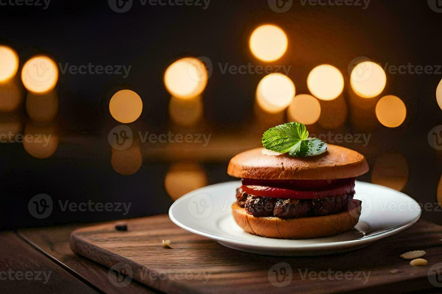 a hamburger on a plate with candles in the background. AI-Generated photo