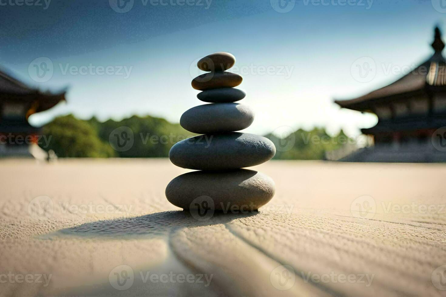 a stack of stones in front of a pagoda. AI-Generated photo