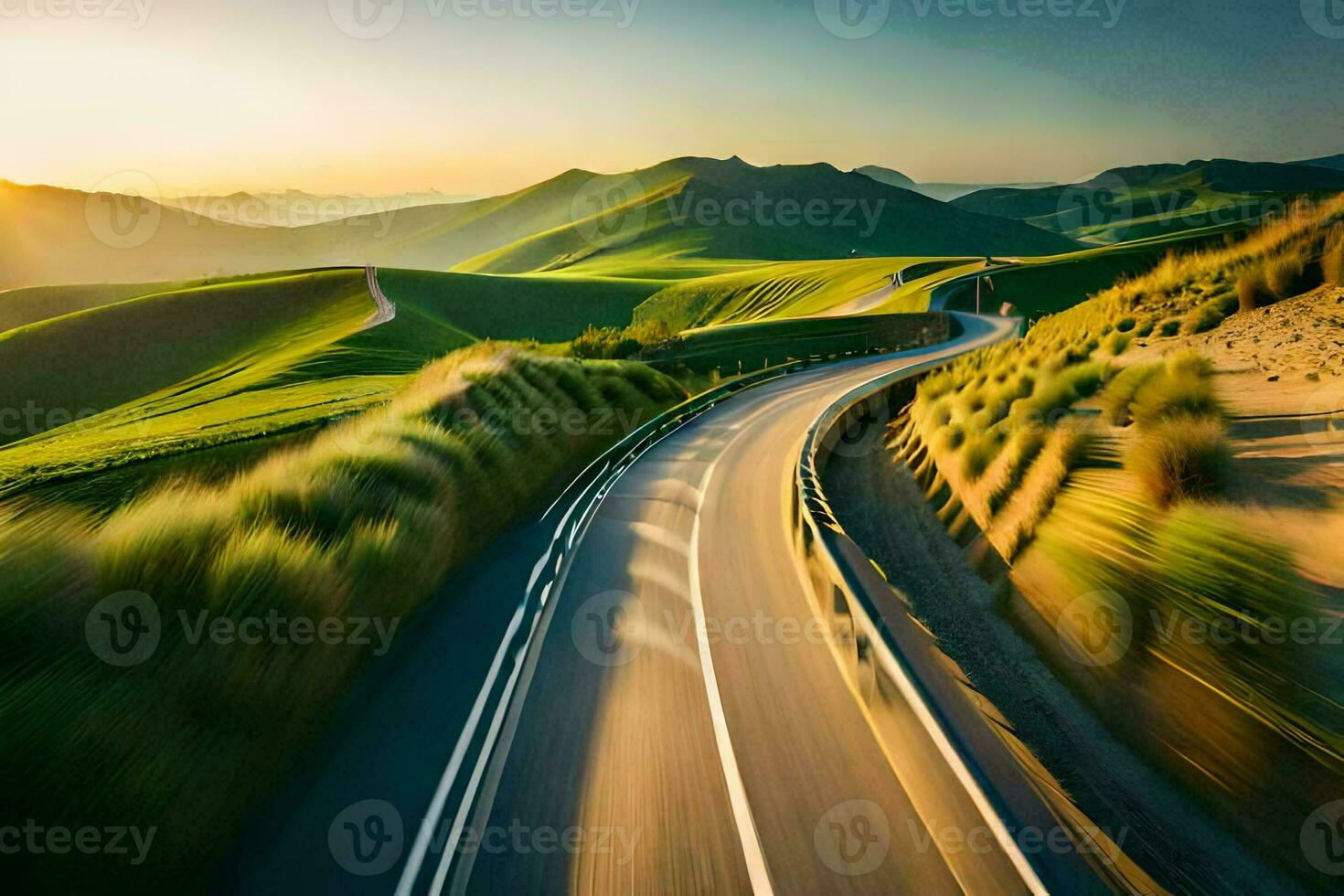 a long exposure photo of a winding road in the mountains. AI-Generated