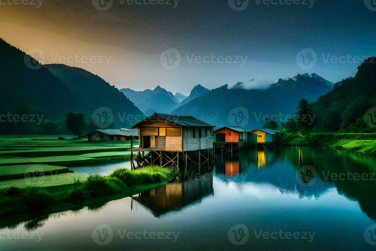 houses on stilts in the middle of a river. AI-Generated photo