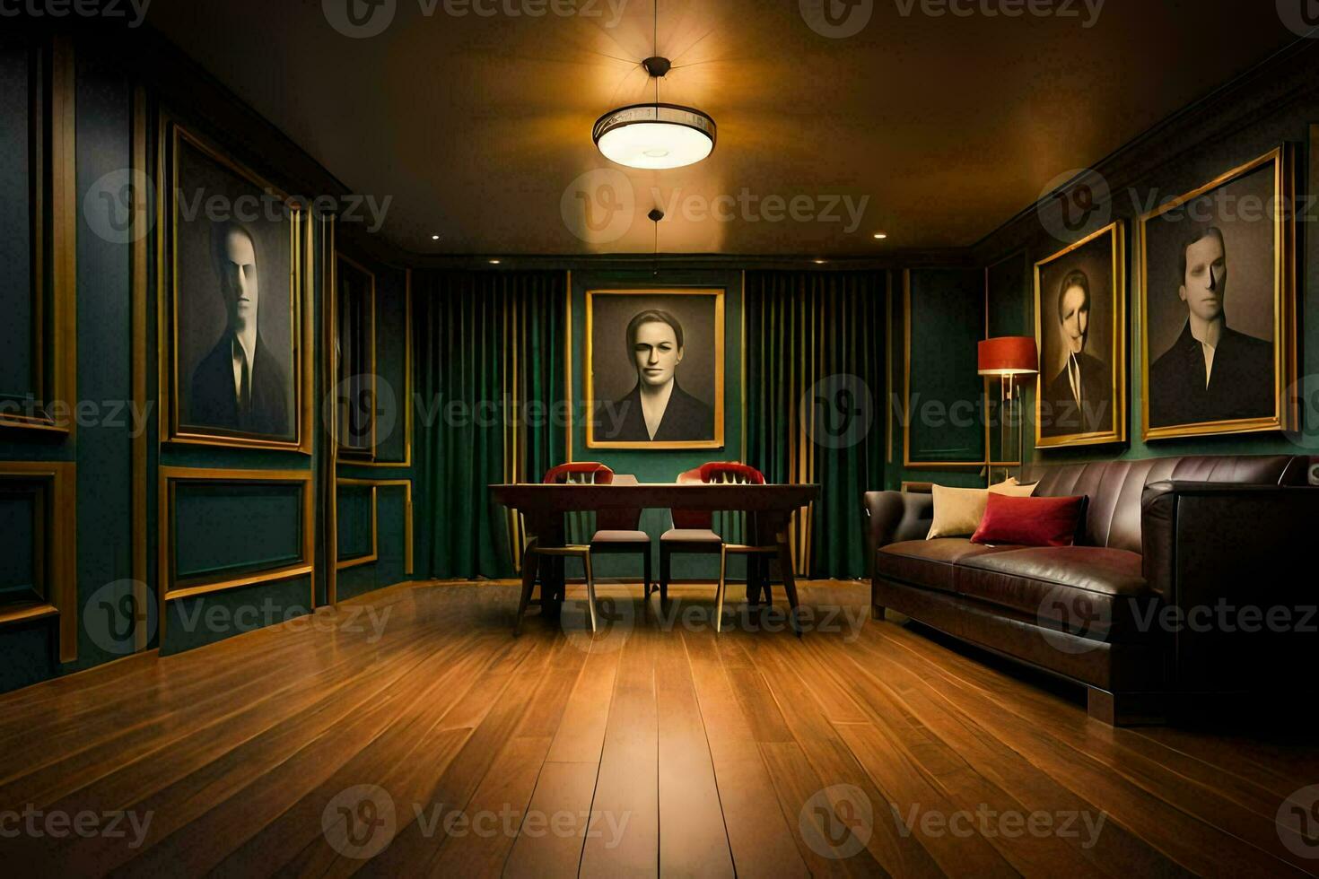 a room with a table and chairs, and a painting of men. AI-Generated photo