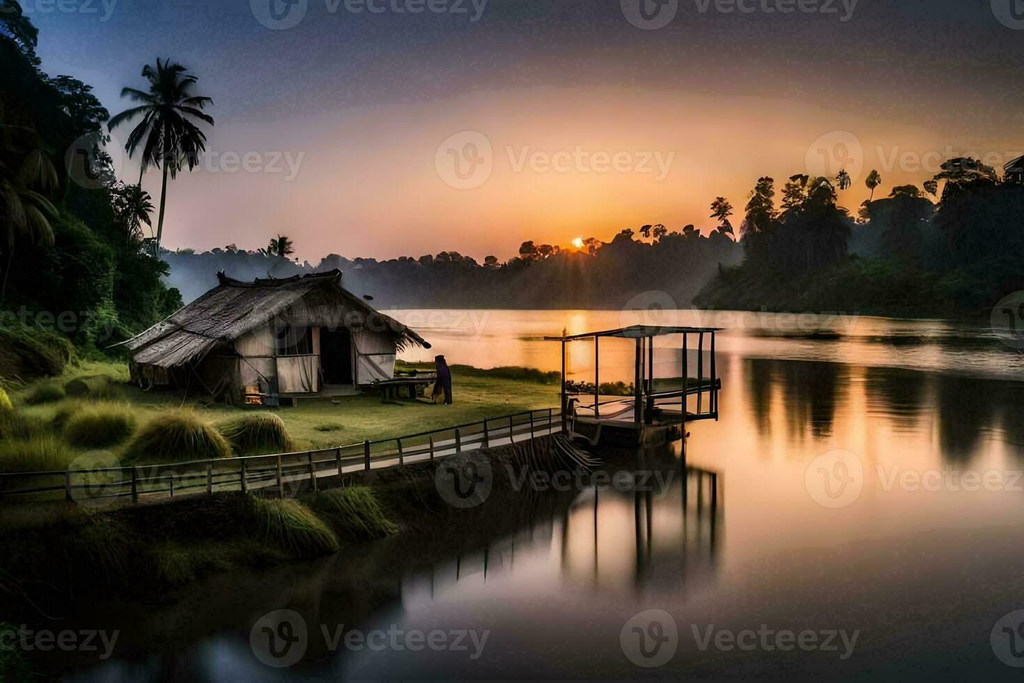 the sun sets over the river and a hut. AI-Generated photo