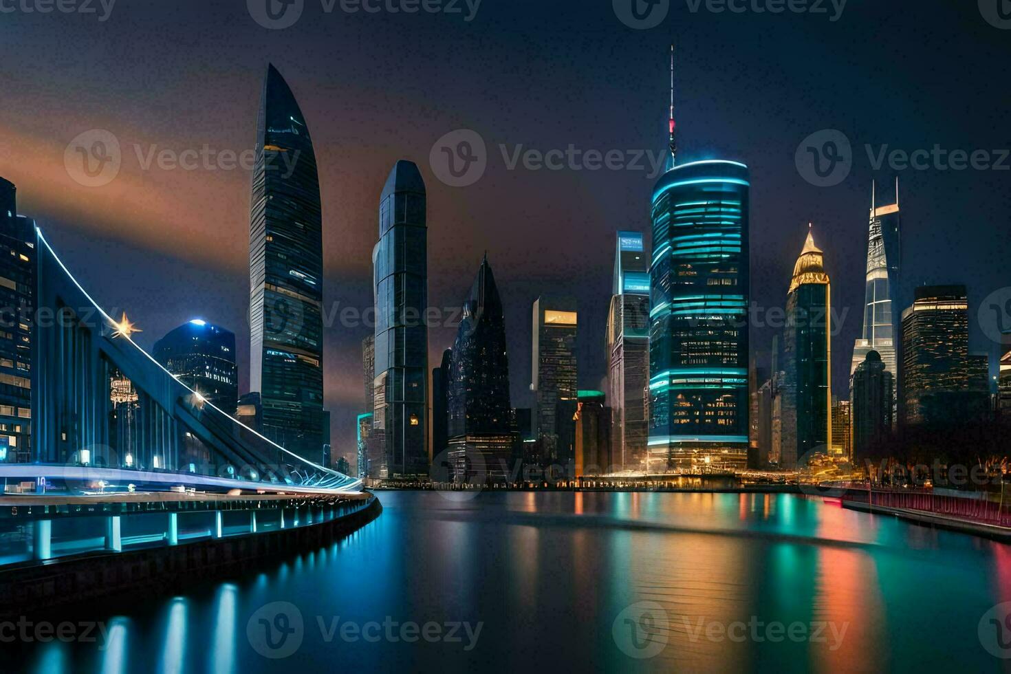 the city skyline at night with lights on. AI-Generated photo