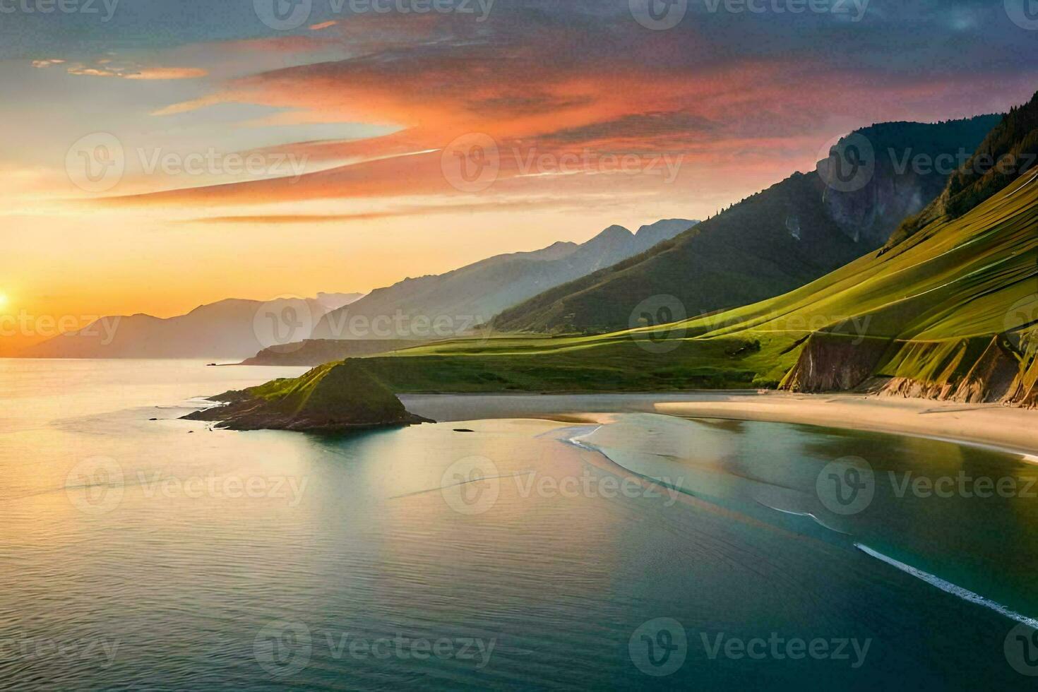 the sun sets over a beach and mountains. AI-Generated photo