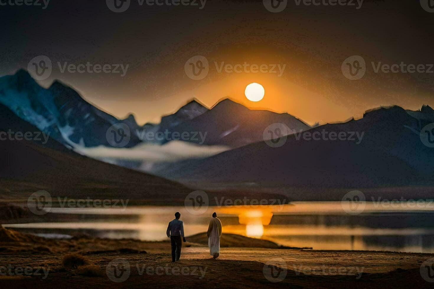 el Pareja es caminando hacia el lago a puesta de sol. generado por ai foto