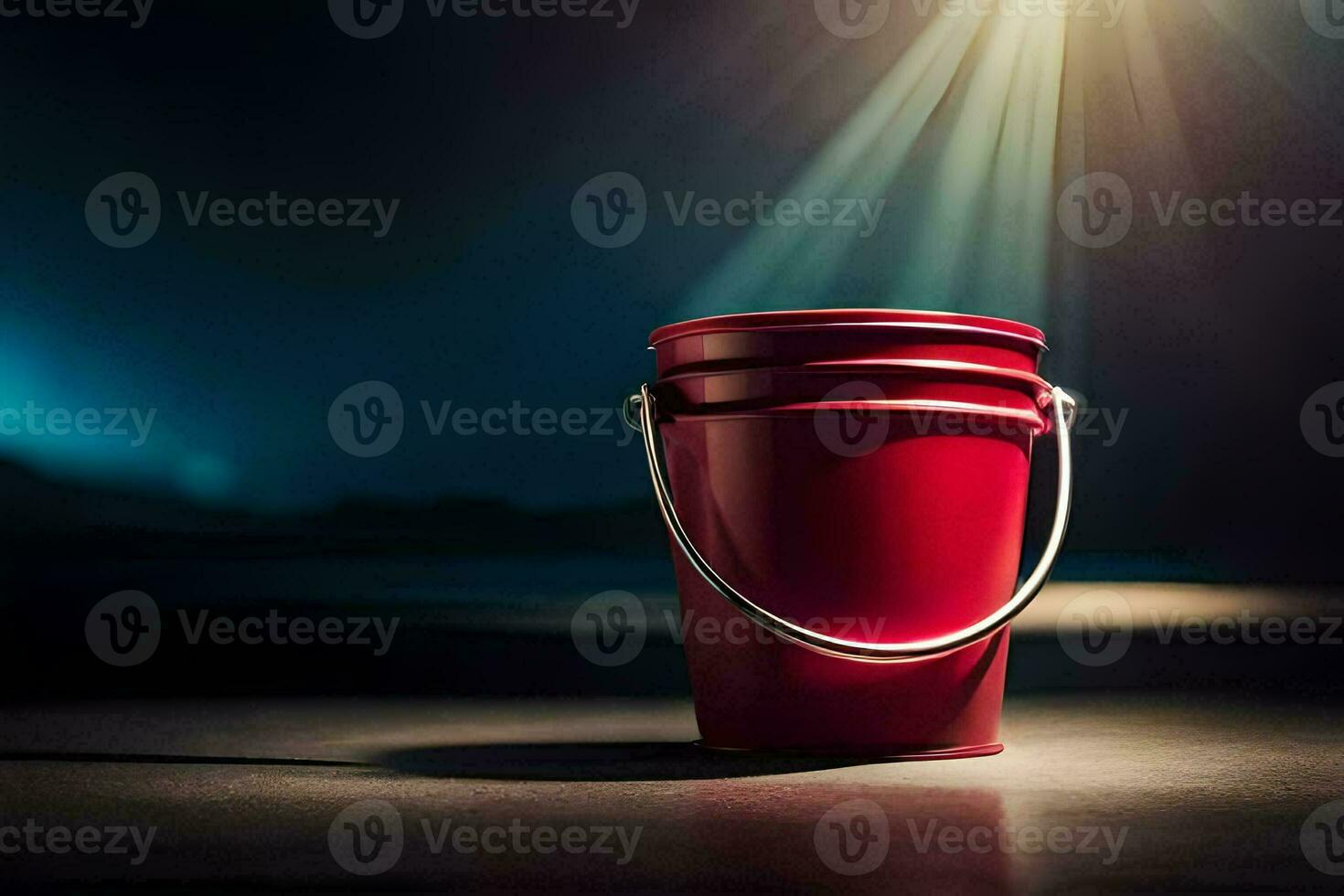 a red bucket on a dark floor with light shining from the top. AI-Generated photo