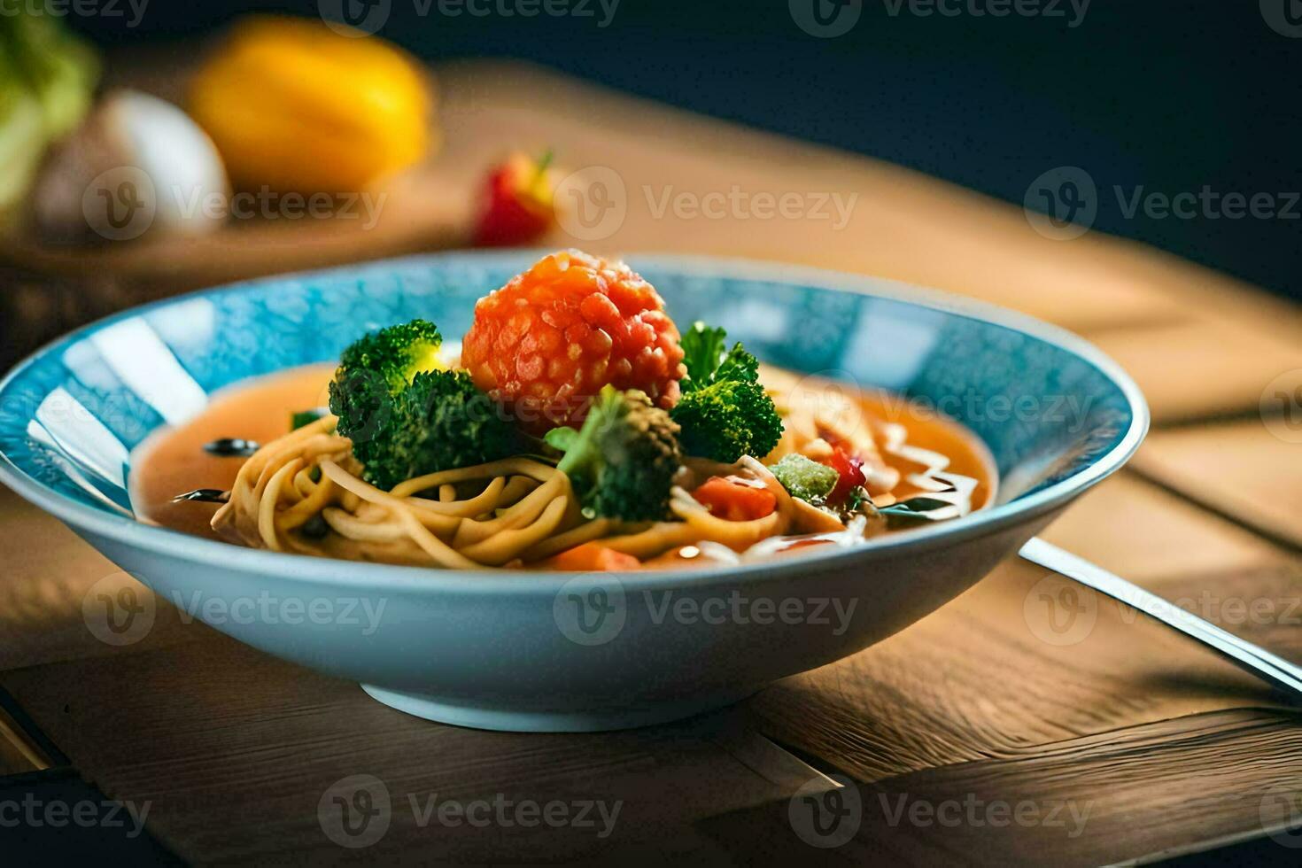 un cuenco de pasta con brócoli y Tomates. generado por ai foto