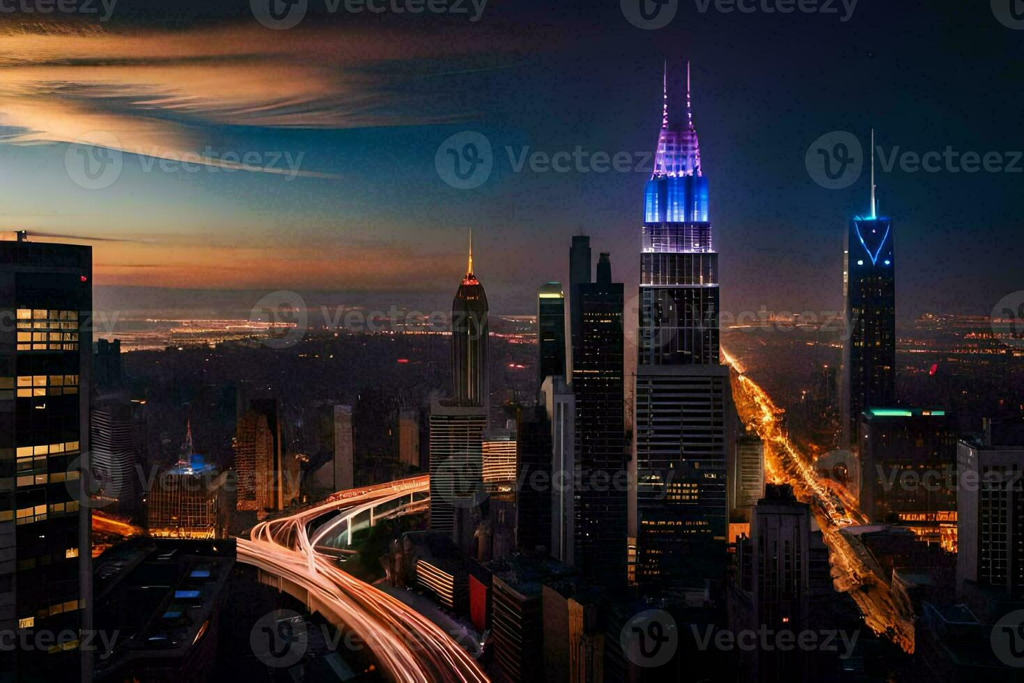 the city skyline at night with the empire state building in the foreground. AI-Generated photo