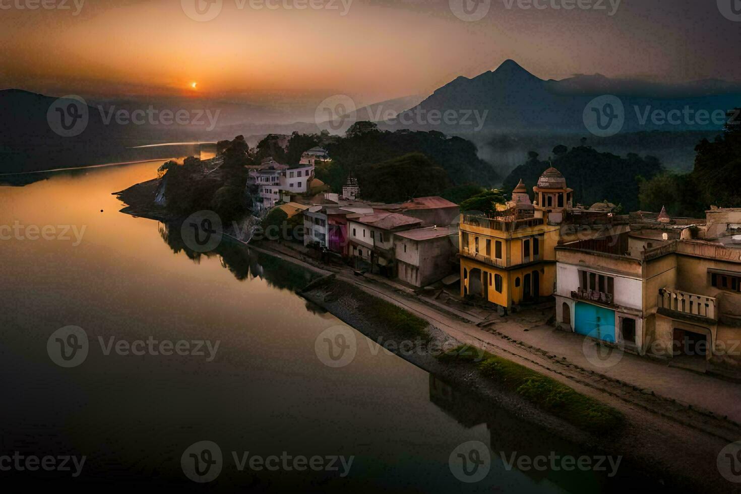 a beautiful sunset over a river and buildings. AI-Generated photo