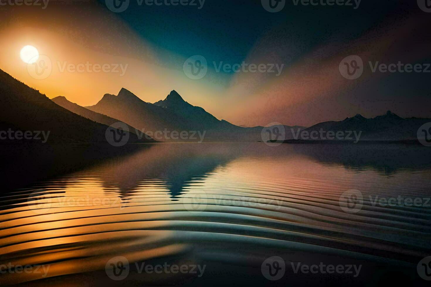 puesta de sol terminado el montañas, agua, montañas, reflexión, hd fondo de pantalla. generado por ai foto