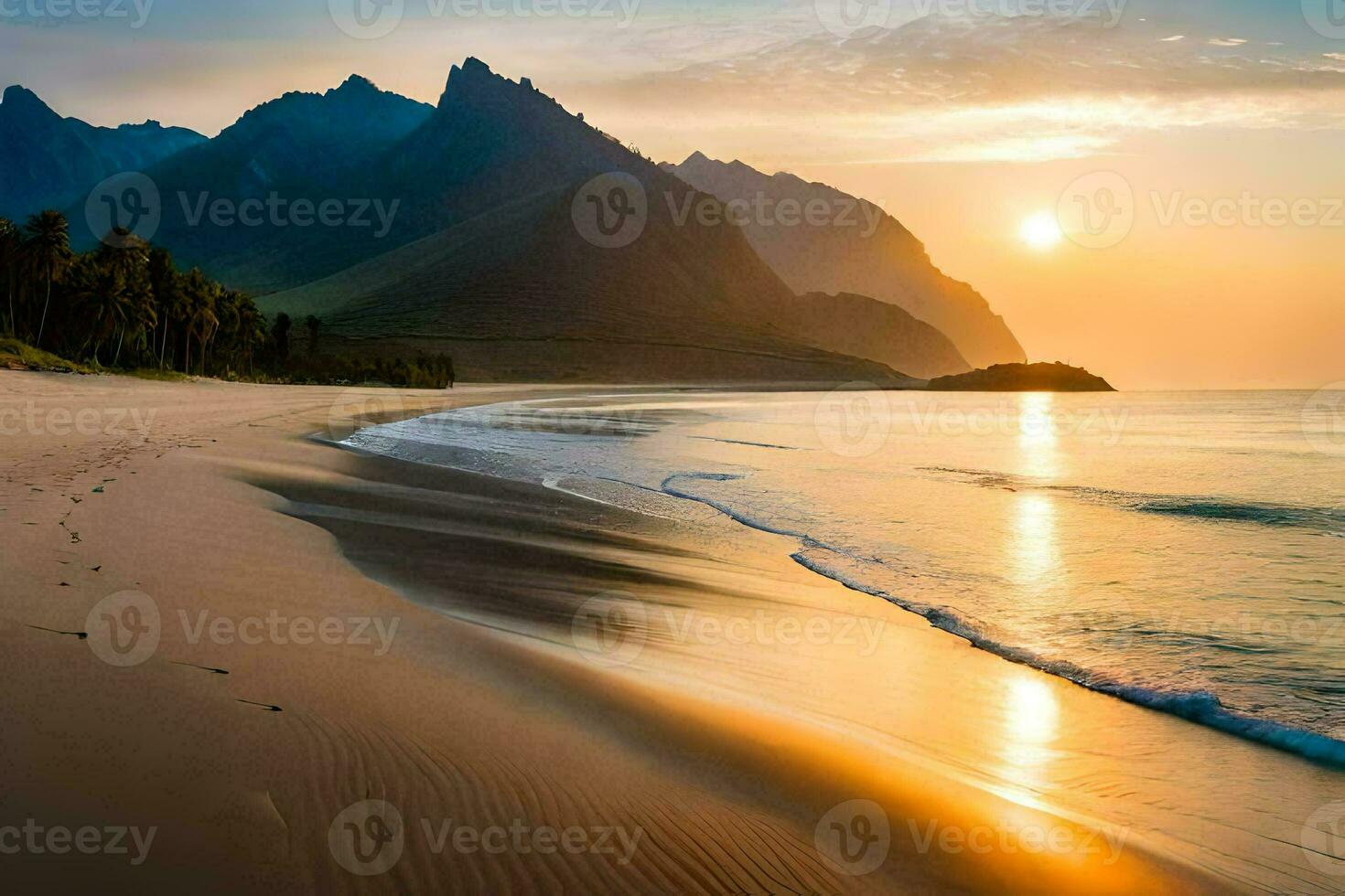 the sun rises over the mountains and the beach in this photo. AI-Generated photo