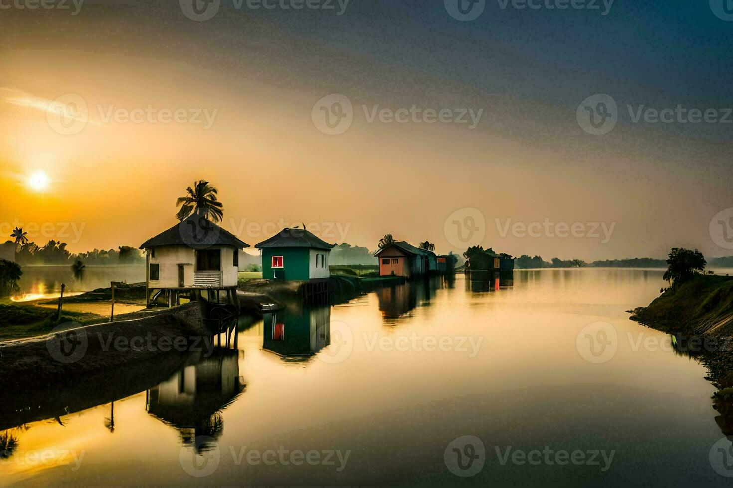 the sun sets over a river in india. AI-Generated photo