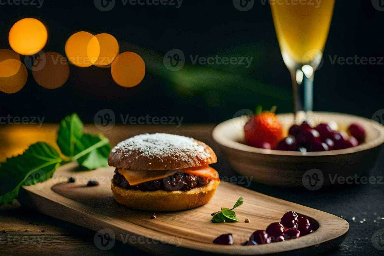 a sandwich with berries and a glass of champagne. AI-Generated photo