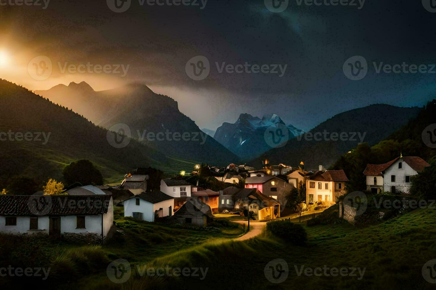 photo wallpaper the sky, mountains, the sun, the mountains, the village, the village,. AI-Generated