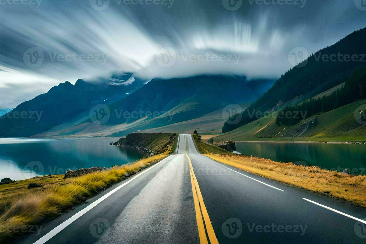 a long road with mountains in the background. AI-Generated photo