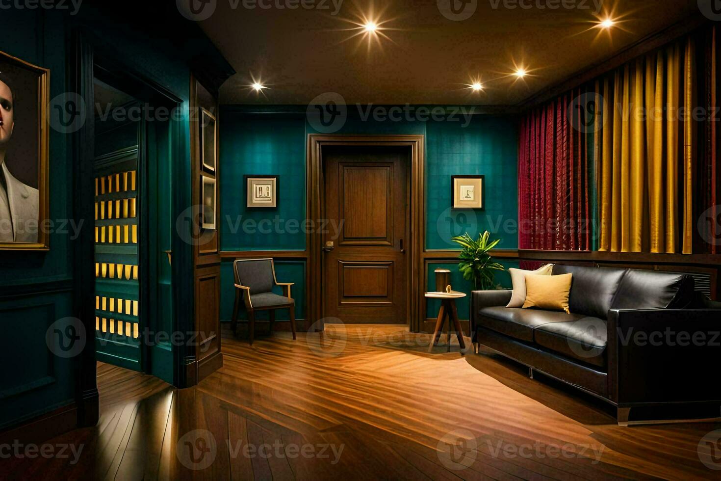the room has a wooden floor and a leather couch. AI-Generated photo
