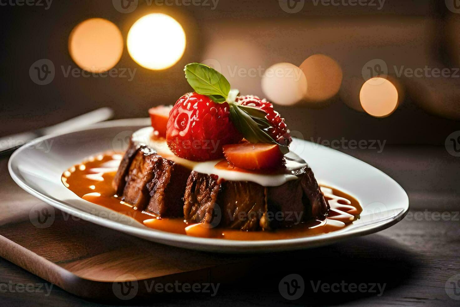 a dessert with strawberries and cream on a plate. AI-Generated photo