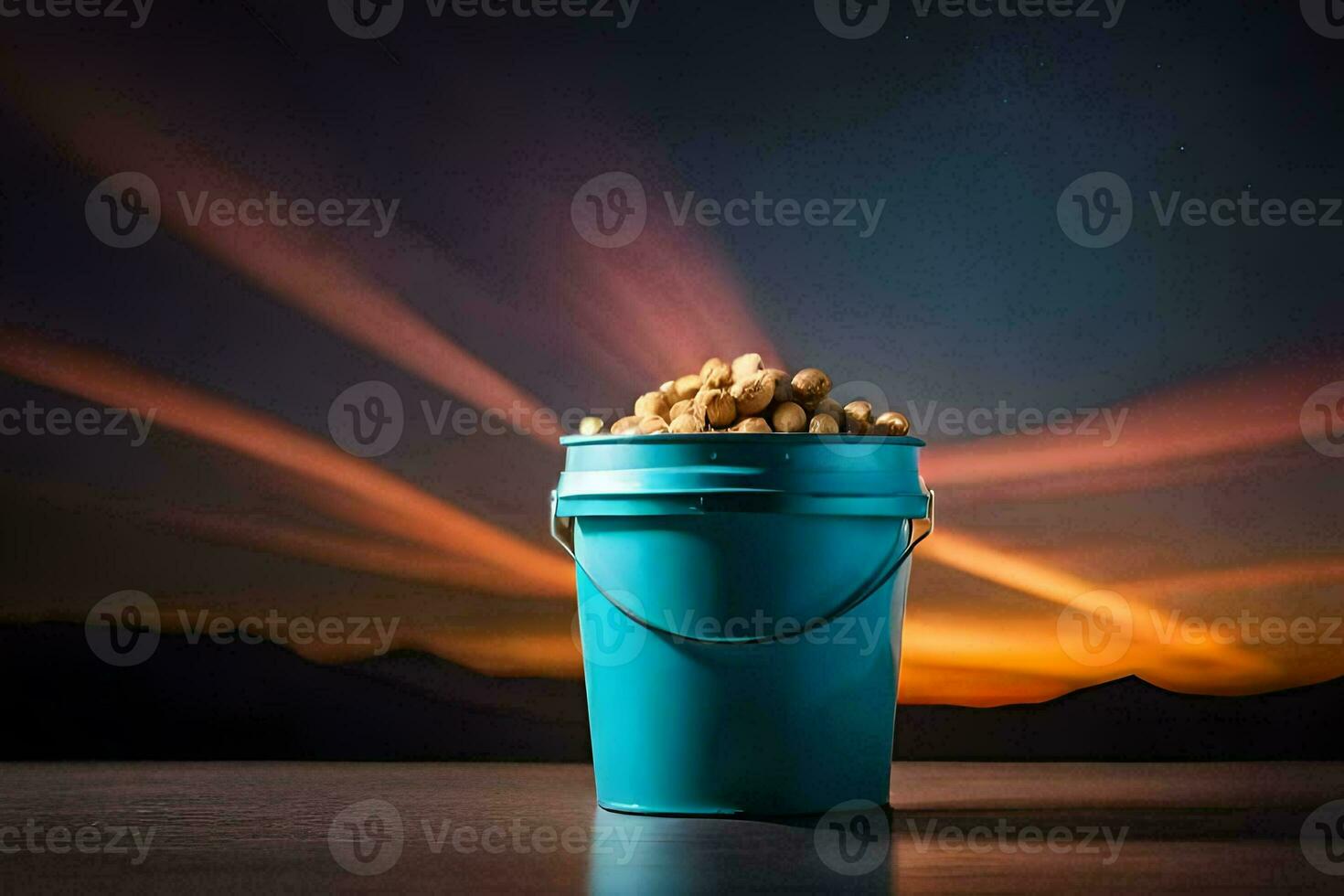a bucket of peanuts on a table with a sunset in the background. AI-Generated photo
