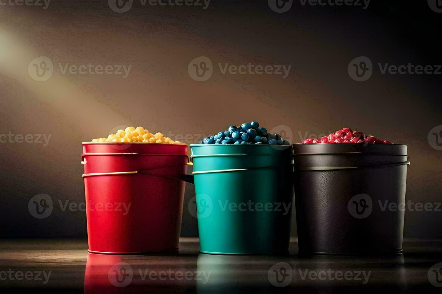 three buckets of candy in different colors. AI-Generated photo