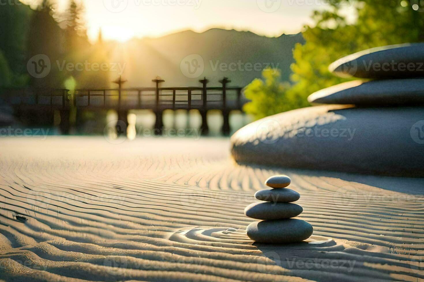 a stack of stones on the sand at sunset. AI-Generated photo